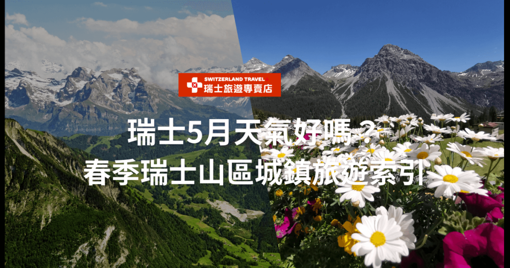 圖片顯示瑞士壯麗的山區景色和盛開的白色雛菊。圖片上的文字是「瑞士5月天氣好嗎？春季瑞士山區城鎮旅遊索引」。這張圖展示了春季的瑞士，天空晴朗，山區被綠色植被覆蓋，花朵盛開，是進行旅遊活動的理想時機。