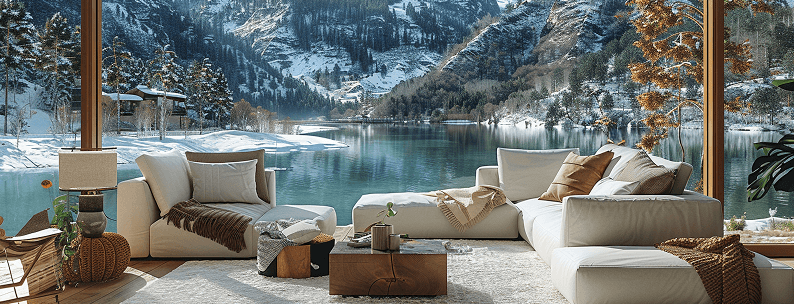 瑞士雪山湖畔景色,透過室內落地窗欣賞靜謐冬季風景,呈現瑞士旅遊專賣店的慢旅行氛圍